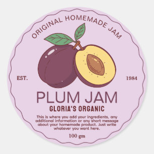 Pegatina Redonda Vintage Fruit Plum Jam Producto Casero