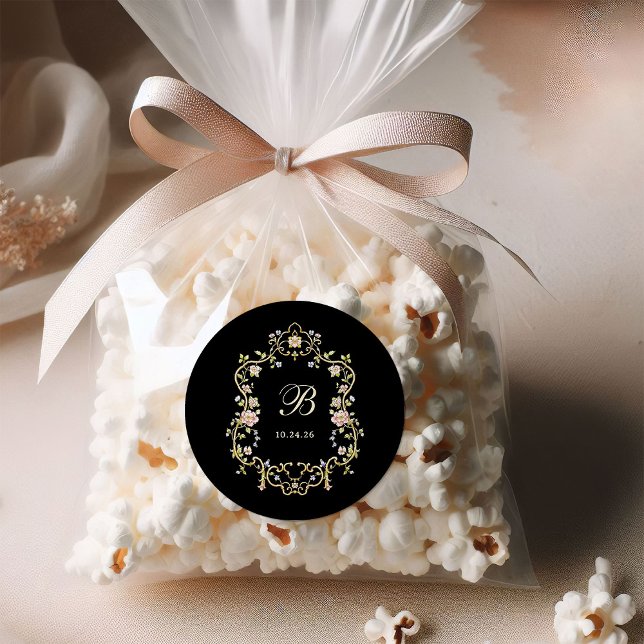 Pegatina Redonda Vintage Garden Black | Monograma Boda colorido (Subido por el creador)