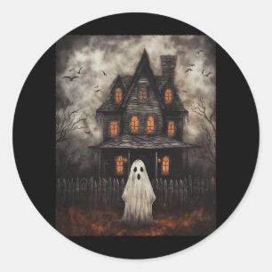 Pegatina Redonda Vintage Ghost Hauned House Midnight Halloween Gho