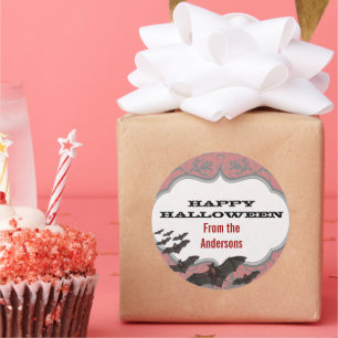 Pegatina Redonda Vintage Girly Damask Bats rosa y gris