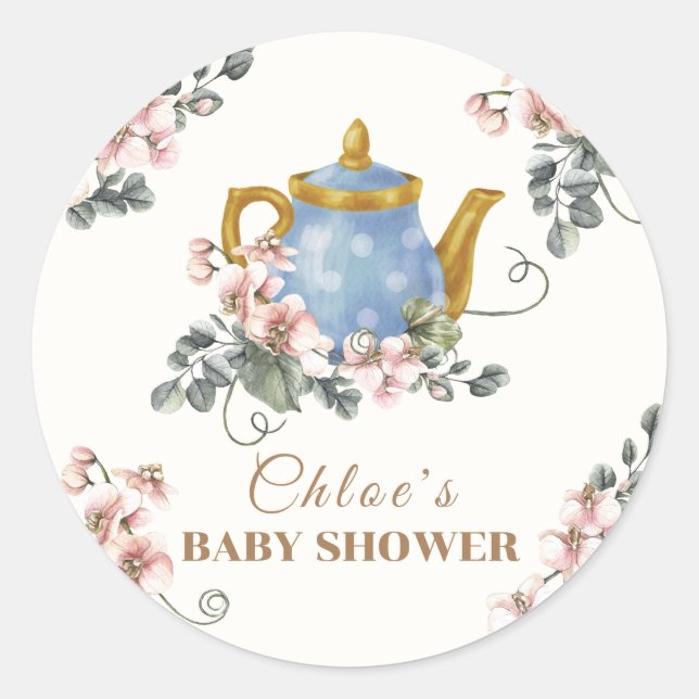 Pegatina Redonda Vintage Girly Wildflower Tea Baby Shower (Anverso)