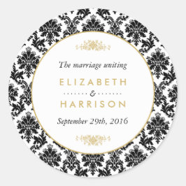 Pegatina Redonda Vintage Gold, Black & White Damask Wedding Favor