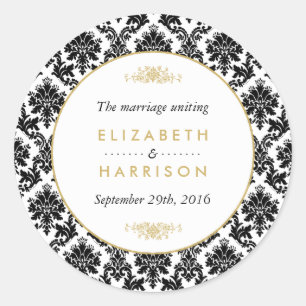 Pegatina Redonda Vintage Gold, Black & White Damask Wedding Favor