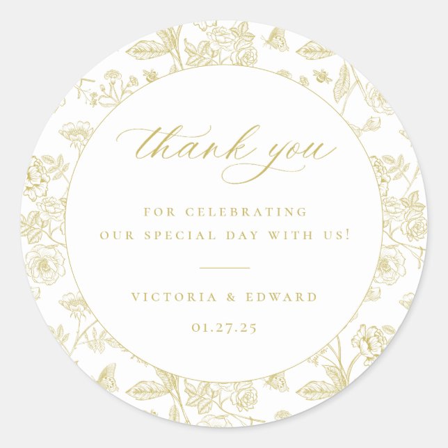 Pegatina Redonda Vintage Gold Floral Boda Gracias (Anverso)