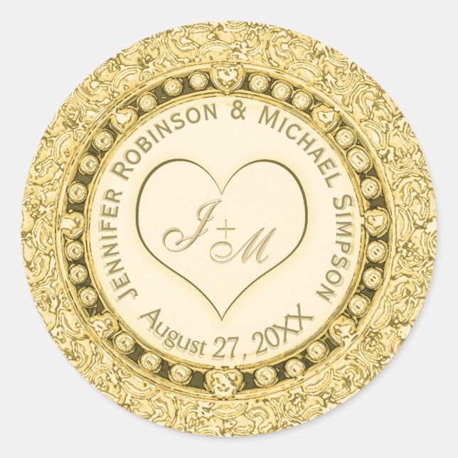 Pegatina Redonda Vintage Golden Faux Relieve metalizado Heart (Anverso)
