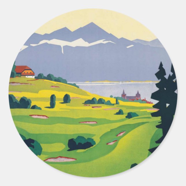 Pegatina Redonda Vintage Golf Lausanne City Lake Suiza (Anverso)