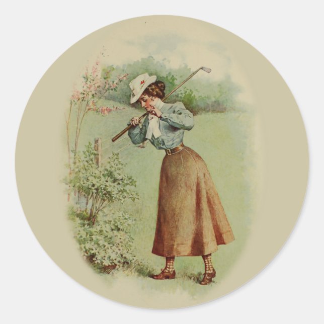 Pegatina Redonda Vintage Golfing Lady Art (Anverso)