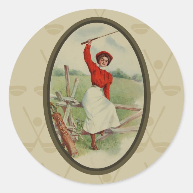 Pegatina Redonda Vintage Golfing Lady Art (dos) (Anverso)