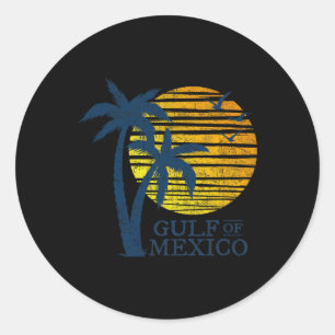 Pegatina Redonda Vintage Golfo De México Souvenir Palmeras Retro V