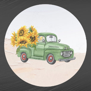 Pegatina Redonda Vintage Green Truck Sunflowers