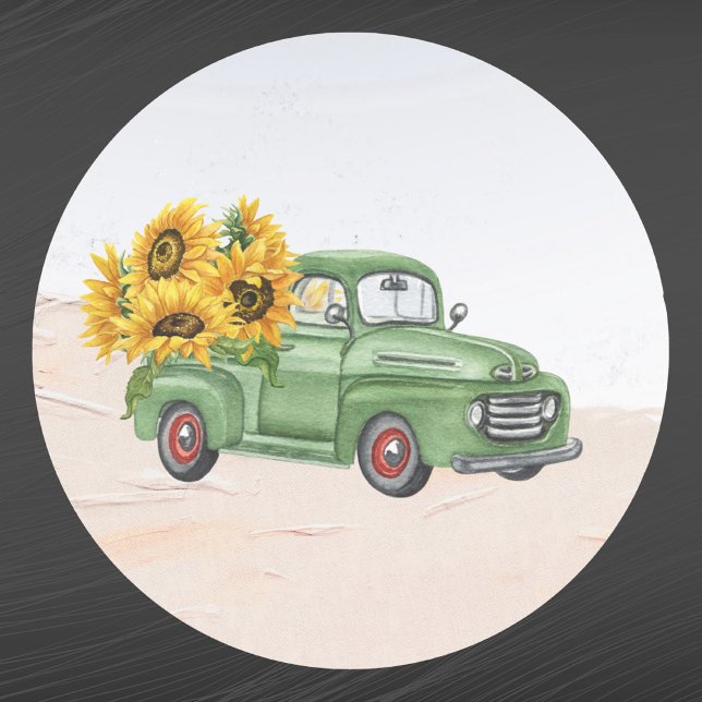 Pegatina Redonda Vintage Green Truck Sunflowers (Subido por el creador)
