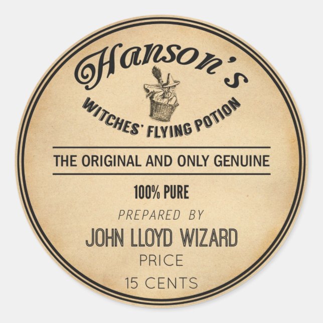 Pegatina Redonda Vintage Halloween Apothecary Flying Witch Broom (Anverso)