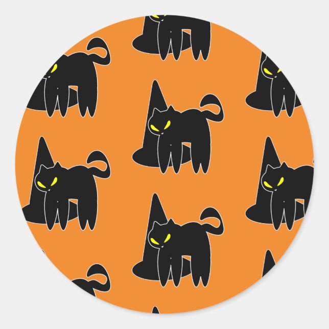 Pegatina Redonda Vintage Halloween Black Cat Witch Naranja (Anverso)