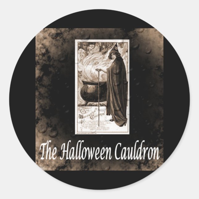 Pegatina Redonda Vintage Halloween Cauldron B&W (Anverso)