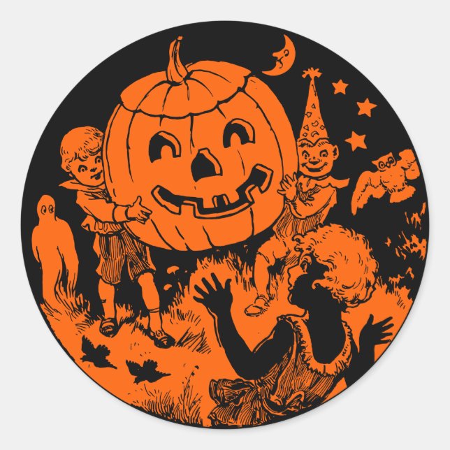 Pegatina Redonda Vintage Halloween Party Children & Jack O'Lantern (Anverso)
