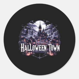 Pegatina Redonda Vintage Halloween Town Skeleton Ghost Pumpkin Hall