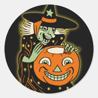 Pegatina Redonda Vintage Halloween Witch and Jack O'Lantern