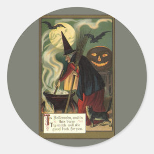 Pegatina Redonda Vintage Halloween Witch Stirring Magic Cauldron