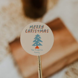 Pegatina Redonda Vintage Hand Drake Naranja Blue Christmas Tree Fun
