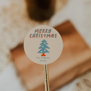 Pegatina Redonda Vintage Hand Drake Naranja Blue Christmas Tree Fun