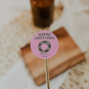 Pegatina Redonda Vintage Hand Drake Pink Green Navidades Bow Wreath