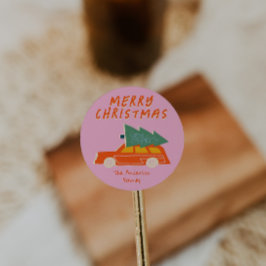 Pegatina Redonda Vintage Hand Drawing Pink Red Car Tree Navidades
