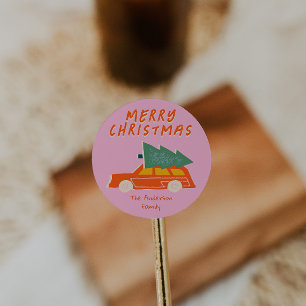 Pegatina Redonda Vintage Hand Drawing Pink Red Car Tree Navidades