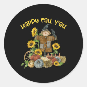 Pegatina Redonda Vintage Happy Fall Y'all Scarecrow Acción de Graci