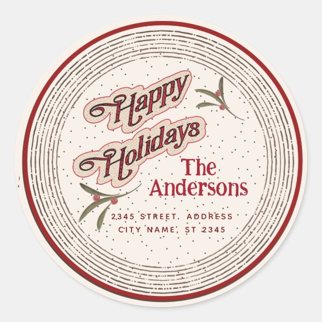 Pegatina Redonda Vintage Happy Holidays botanly (Anverso)