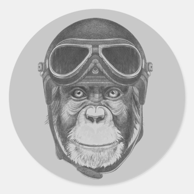 Pegatina Redonda Vintage Helmet Chimpanzee (Anverso)