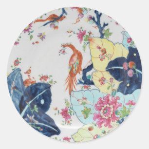 Pegatina Redonda Vintage Hoja de Tabaco azul y blanco con rosa Clá