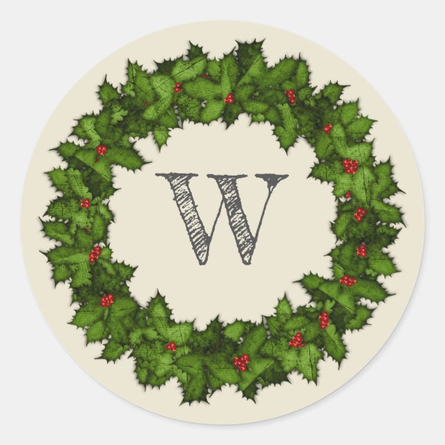Pegatina Redonda Vintage Holly Berries Wreath Gray Monograma (Anverso)
