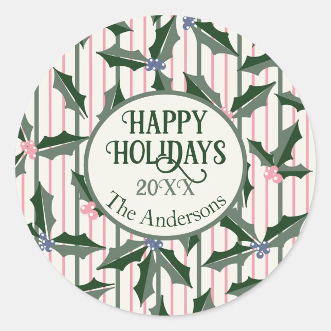 Pegatina Redonda Vintage Holly Holiday con nombre (Anverso)
