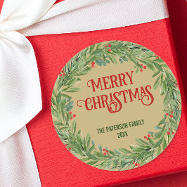 Pegatina Redonda Vintage Holly Wreath Family Name Navidad Gold