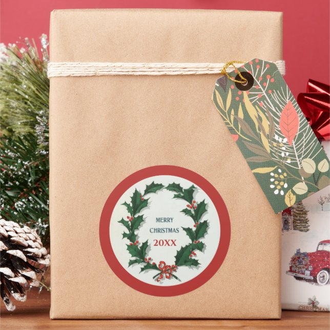 Pegatina Redonda Vintage Holly Wreath Merry Christmas (Vacaciones)