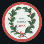 Pegatina Redonda Vintage Holly Wreath Merry Christmas<br><div class="desc">Vintage Feliz Navidad Holly Wreath Ilustraciones (1905 Frank Buttolph) pegatinas.</div>