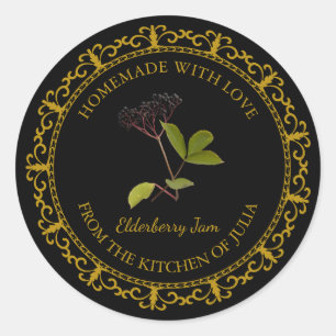 Pegatina Redonda Vintage Homemade Elderberry Jam Label l Black