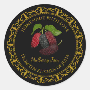 Pegatina Redonda Vintage Homemade Mulberry Jam Label l Negro
