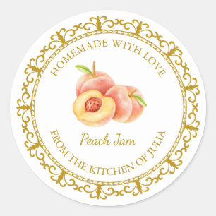 Pegatina Redonda Vintage Homemade Peach Jam Label l Blanco