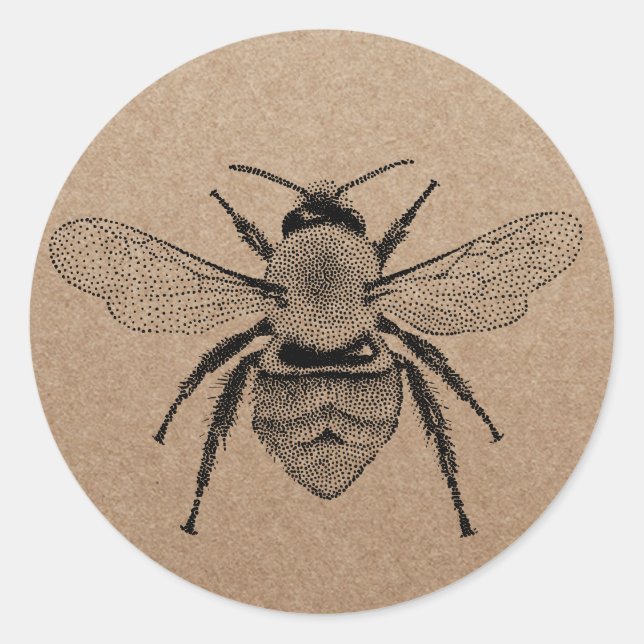 Pegatina Redonda Vintage Honey Bee ilustracion Rustic Kraft (Anverso)