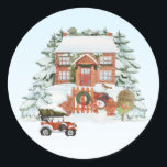 Pegatina Redonda Vintage House Merry Christmas Snow Winter Scene<br><div class="desc">¡Feliz Navidad!</div>