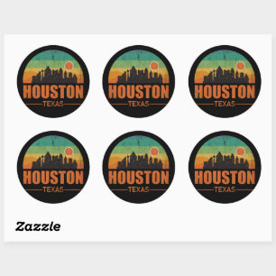 Pegatina Redonda Vintage Houston City Texas Skyline Retro Sunset