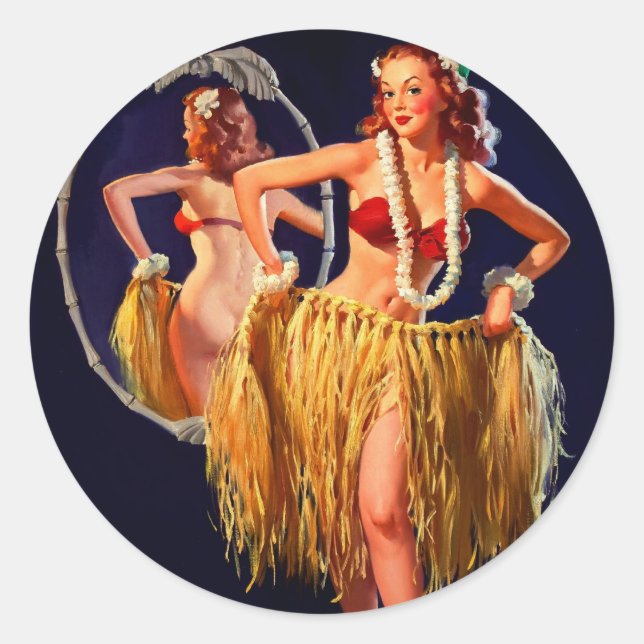 Pegatina Redonda Vintage Hula Hawaiian Pin UP Chica (Anverso)