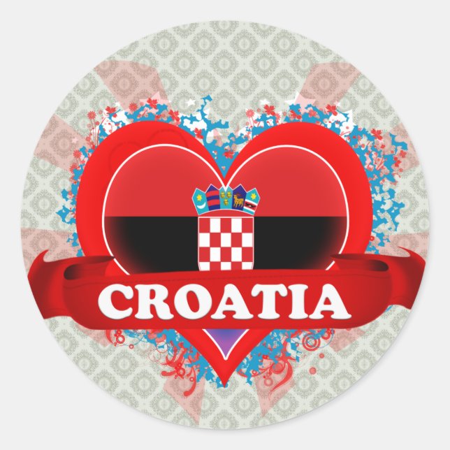 Pegatina Redonda Vintage I Love Croatia (Anverso)