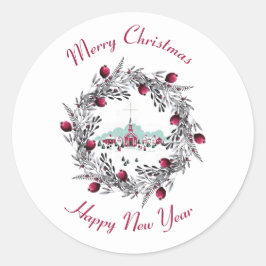 Pegatina Redonda Vintage Iglesia de Invierno con corona de Navidade