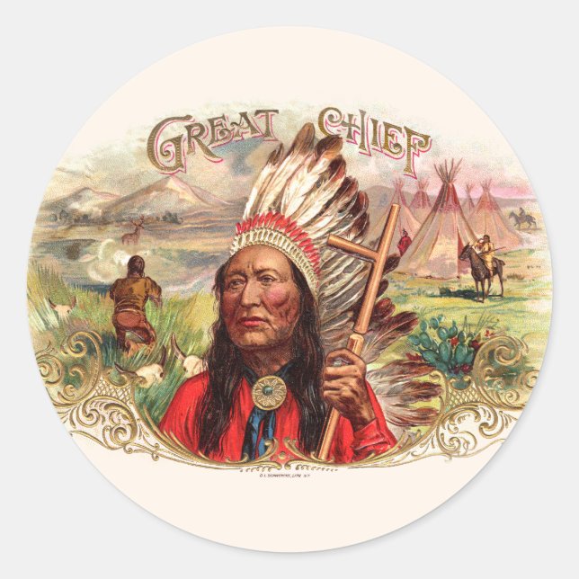 Pegatina Redonda Vintage Indian Great Chief Cigar Box (Anverso)