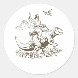 Pegatina Redonda Vintage Jesus Riding Dinosaur 90