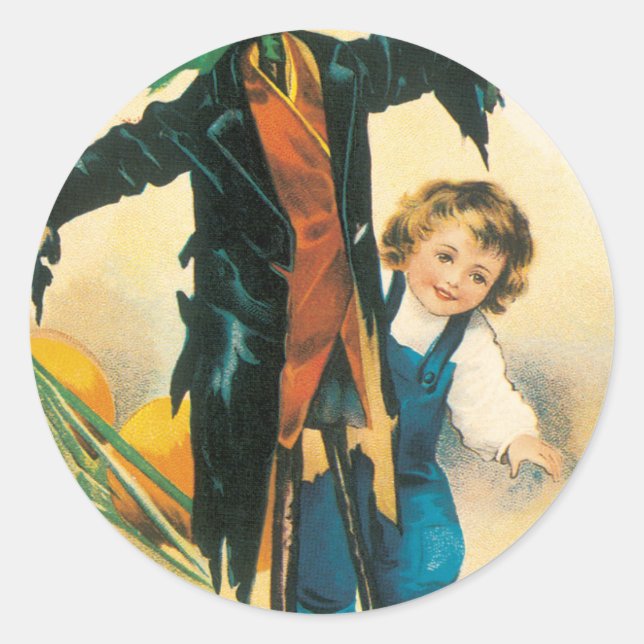 Pegatina Redonda Vintage Jolly Halloween Scarecrow Ellen Clapsaddle (Anverso)