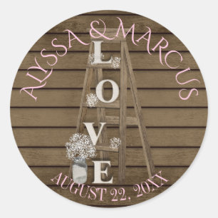 Pegatina Redonda Vintage Ladder y Rustic Barn Wood Boda
