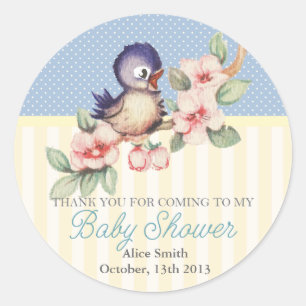 Pegatina Redonda Vintage Little Bird Baby Shower Personalizado Favo